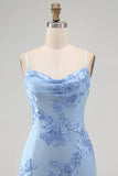 Blue Floral Appliqued Bodycon Ruched Short Cocktail Dress