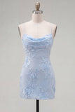 Blue Floral Appliqued Bodycon Ruched Short Cocktail Dress