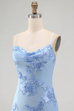 Blue Floral Appliqued Bodycon Ruched Short Cocktail Dress