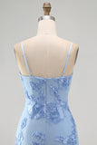 Blue Floral Appliqued Bodycon Ruched Short Cocktail Dress