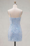 Blue Floral Appliqued Bodycon Ruched Short Cocktail Dress