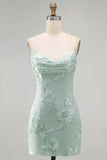 Blue Floral Appliqued Bodycon Ruched Short Cocktail Dress