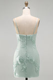 Blue Floral Appliqued Bodycon Ruched Short Cocktail Dress