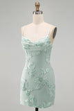 Blue Floral Appliqued Bodycon Ruched Short Cocktail Dress