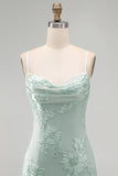 Blue Floral Appliqued Bodycon Ruched Short Cocktail Dress