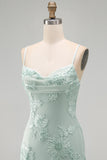 Blue Floral Appliqued Bodycon Ruched Short Cocktail Dress