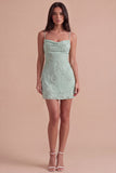 Blue Floral Appliqued Bodycon Ruched Short Cocktail Dress