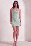 Blue Floral Appliqued Bodycon Ruched Short Cocktail Dress
