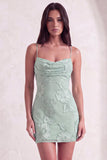 Blue Floral Appliqued Bodycon Ruched Short Cocktail Dress
