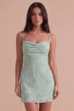 Blue Floral Appliqued Bodycon Ruched Short Cocktail Dress