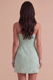 Blue Floral Appliqued Bodycon Ruched Short Cocktail Dress