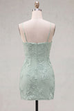 Blue Floral Appliqued Bodycon Ruched Short Cocktail Dress