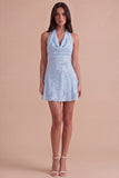 Blue Floral Appliqued Halter A-Line Short Cocktail Dress