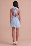 Blue Floral Appliqued Halter A-Line Short Cocktail Dress
