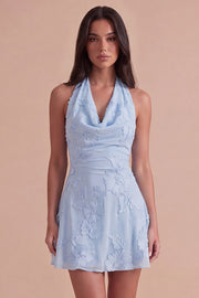 Blue Floral Appliqued Halter A-Line Short Cocktail Dress
