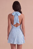 Blue Floral Appliqued Halter A-Line Short Cocktail Dress
