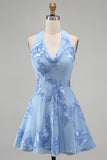 Blue Floral Appliqued Halter A-Line Short Cocktail Dress