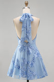 Blue Floral Appliqued Halter A-Line Short Cocktail Dress