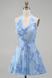 Blue Floral Appliqued Halter A-Line Short Cocktail Dress