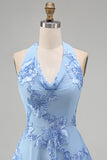 Blue Floral Appliqued Halter A-Line Short Cocktail Dress
