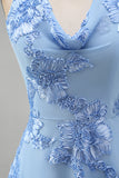 Blue Floral Appliqued Halter A-Line Short Cocktail Dress