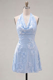 Blue Floral Appliqued Halter A-Line Short Cocktail Dress