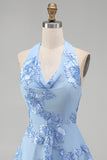 Blue Floral Appliqued Halter A-Line Short Cocktail Dress