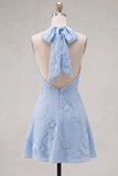 Blue Floral Appliqued Halter A-Line Short Cocktail Dress
