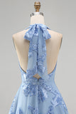 Blue Floral Appliqued Halter A-Line Short Cocktail Dress