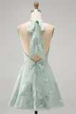 Blue Floral Appliqued Halter A-Line Short Cocktail Dress