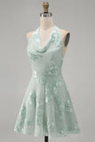 Blue Floral Appliqued Halter A-Line Short Cocktail Dress