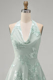 Blue Floral Appliqued Halter A-Line Short Cocktail Dress