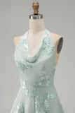 Blue Floral Appliqued Halter A-Line Short Cocktail Dress