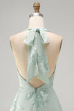Blue Floral Appliqued Halter A-Line Short Cocktail Dress
