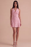Blue Floral Appliqued Halter A-Line Short Cocktail Dress