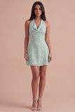 Blue Floral Appliqued Halter A-Line Short Cocktail Dress