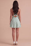 Blue Floral Appliqued Halter A-Line Short Cocktail Dress