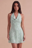 Blue Floral Appliqued Halter A-Line Short Cocktail Dress