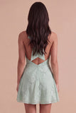 Blue Floral Appliqued Halter A-Line Short Cocktail Dress