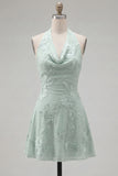 Blue Floral Appliqued Halter A-Line Short Cocktail Dress