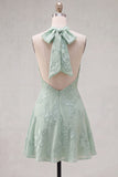 Blue Floral Appliqued Halter A-Line Short Cocktail Dress