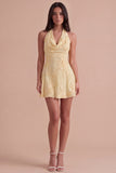 Blue Floral Appliqued Halter A-Line Short Cocktail Dress