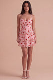 Pink Strawberry Keyhole Ruched A-Line Ruffled Short Cocktail Dress