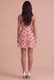 Pink Strawberry Keyhole Ruched A-Line Ruffled Short Cocktail Dress