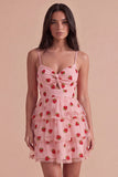 Pink Strawberry Keyhole Ruched A-Line Ruffled Short Cocktail Dress