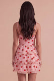 Pink Strawberry Keyhole Ruched A-Line Ruffled Short Cocktail Dress