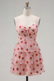 Pink Strawberry Keyhole Ruched A-Line Ruffled Short Cocktail Dress