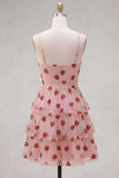 Pink Strawberry Keyhole Ruched A-Line Ruffled Short Cocktail Dress