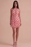 Pink Halter Strawberry A-Line Ruffled Tiered Short Cocktail Dress