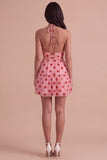 Pink Halter Strawberry A-Line Ruffled Tiered Short Cocktail Dress